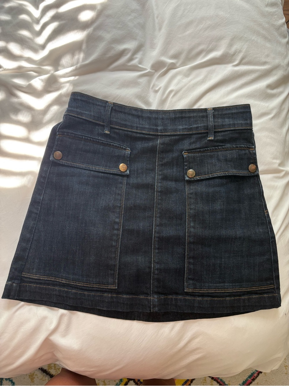 FRAME Dark Wash Denim Mini Skirt with Front Flap Pockets